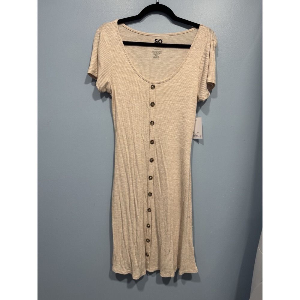 So Womens Juniors Pullover Button Dress Rayon Spandex Beige Medium NWT